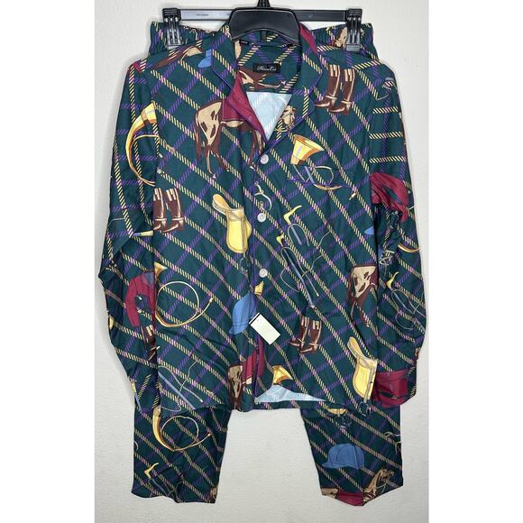Phineas Cole Brushed Cotton Equestrian Print Pajama Set Green Size Large New - Picture 1 of 7
